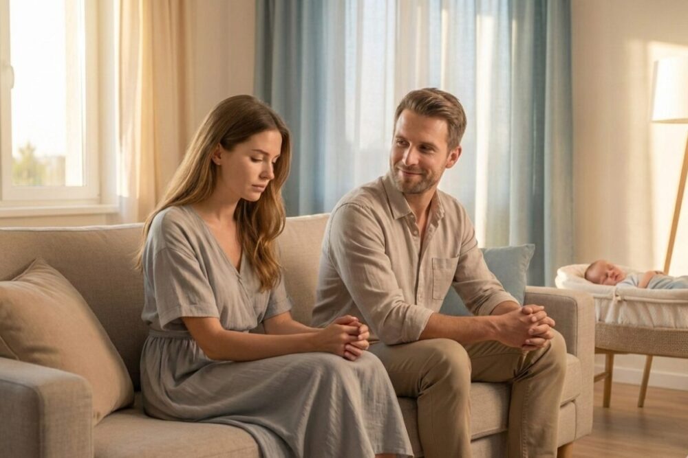 ベビーベットに寝ている赤ちゃんのお世話で、朝を迎えた母親が疲れてソファーに座っている。優しく話しかける父親が話しかけようとしている。