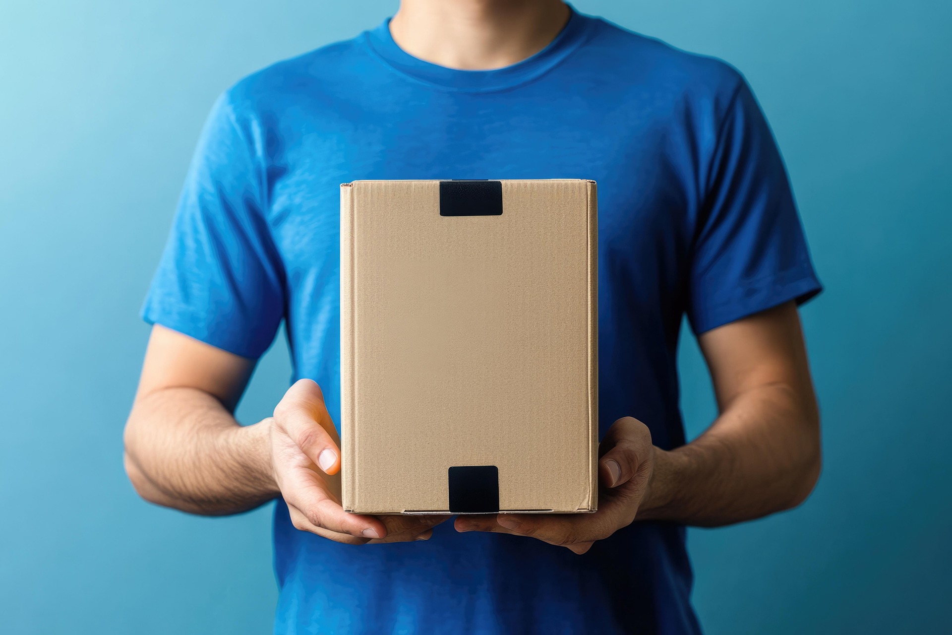 宅配業者のお兄さんが、荷物を丁寧に届けにきた姿。青い背景に青Tシャツを着て正面を向いています。