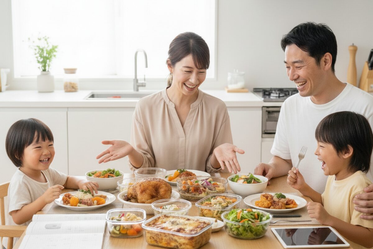 家族4人の食卓。様々な料理を両手を広げて母親が家族に紹介している。お母さんお父さん、小学生の兄幼児の妹、みんなが笑顔で幸せな時間を過ごす姿。