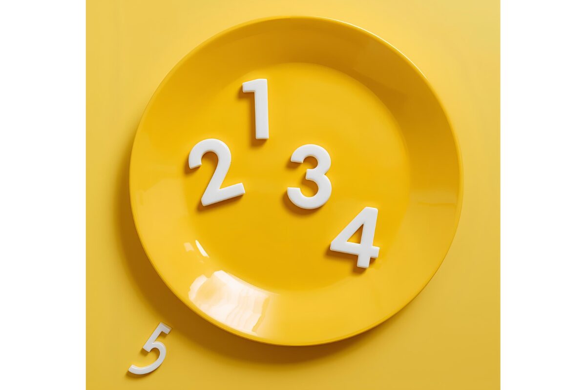 黄色いお皿に、1,2,3,4の数字が置かれている。5は皿から落ちている。