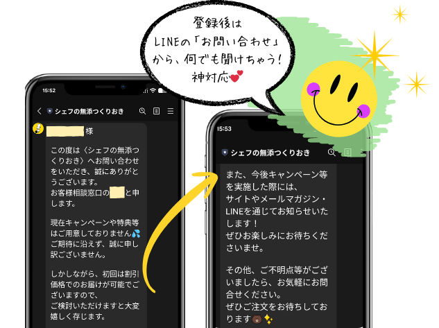 「シェフの無添つくりおき」公式LINEのお問い合わせ返信。一番お得な入会方法について公式からの返信スクリーンショット。
