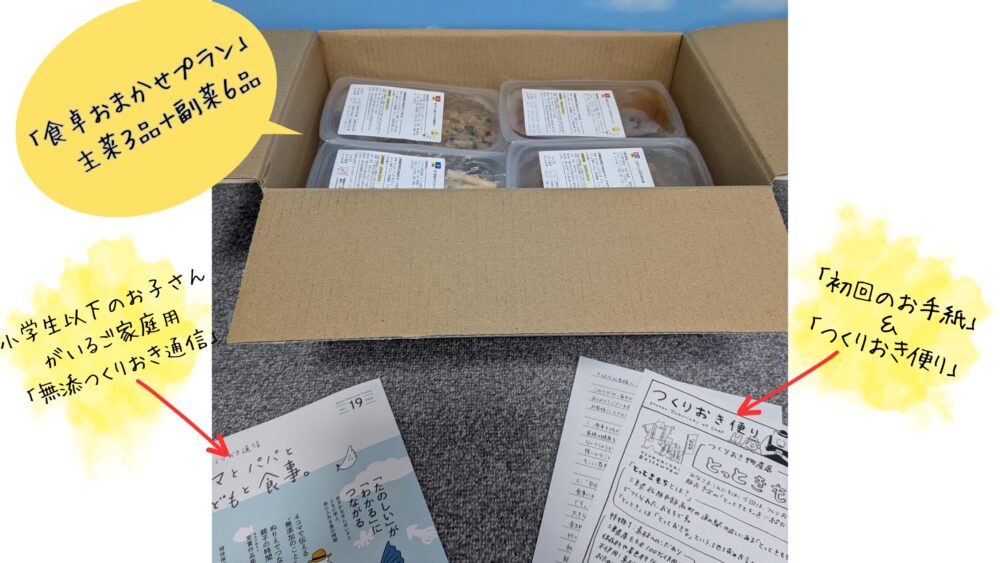 「シェフの無添つくりおき」の届いた段ボールを開き中身を広げている写真。中にはお総菜パックがキレイに並べられ、初回のお手紙とおたよりが入っている。小学生以下のお子さんがいるご家庭用の、「無添つくりおき通信」冊子も入っている。