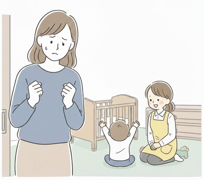 ０歳児、登園でのNG対応4つ目のイラスト。赤ちゃんを預けた後に、わが子の泣き声を聞いて、戻ろうと焦る母の姿。