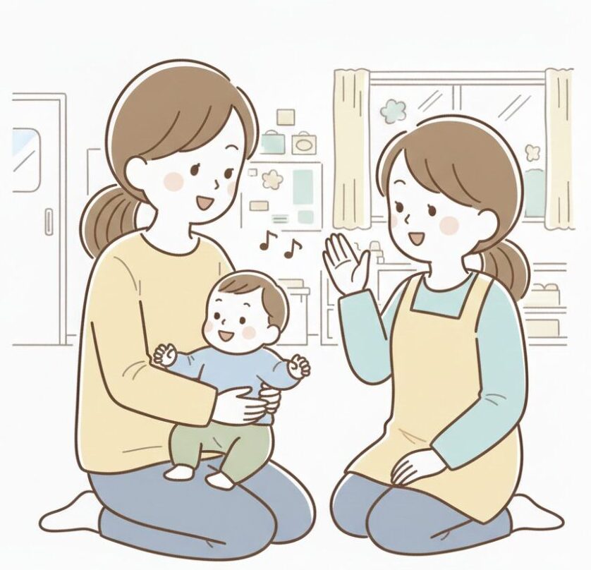 ０歳児が登園時に安心できる関わり方2つ目。母赤ちゃんに向けて歌を歌いながら、いつものバイバイをしているイラスト。