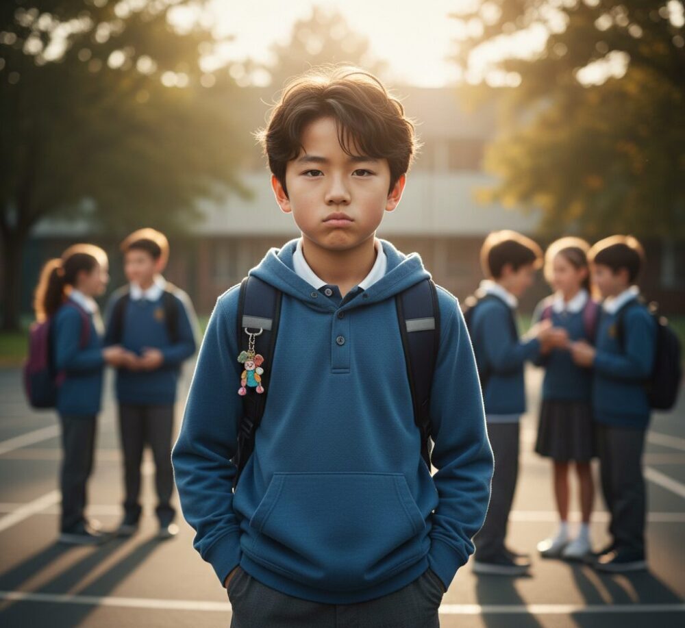 学童期（6〜12歳）の小学生と親が話し合うイラスト