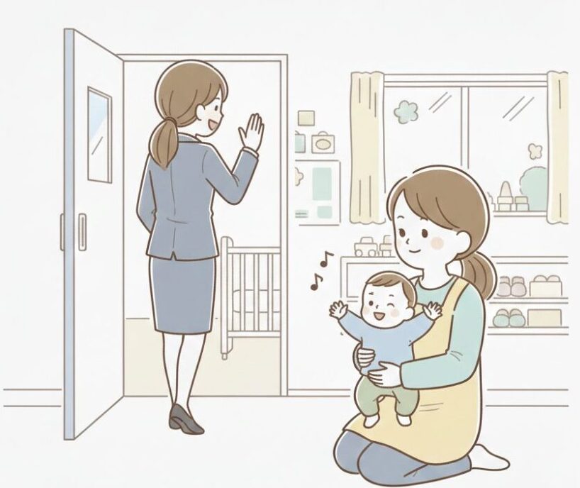 ０歳児が登園時に安心できる関わり方４つ目。母が保育士に赤ちゃんを預けバイバイした後、スッキリ笑顔で去るイラスト。保育士が笑顔の赤ちゃんを抱っこし、仕事へ行く母を一緒に見送っています。