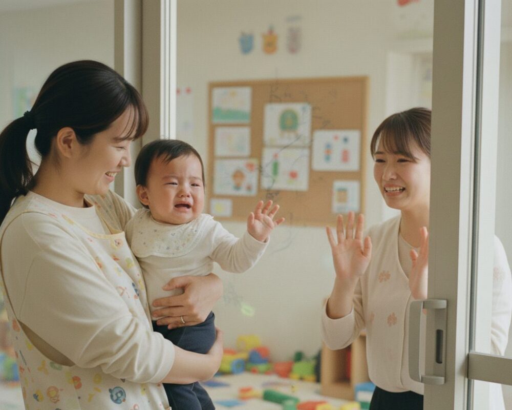 心配そうに赤ちゃんを保育士に預け、赤ちゃんも不安そうに保育士に抱っこされている写真画像