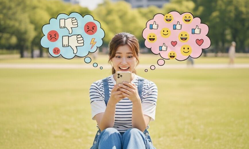 公園で女の人が、スマホを両手で持って、いい口コミと悪い口コミを、ワクワクしながら検索する姿。