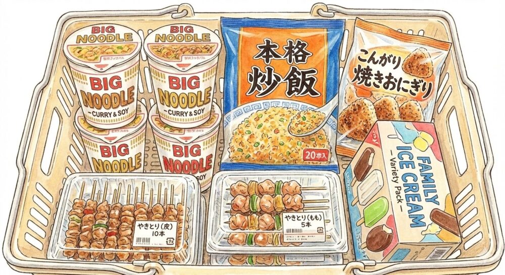 みま家族の子ども２人が買ってきた品物たちのイラスト。カップ麺や冷凍食品、アイスなどが、買い物カゴにきれいに並んでいる。