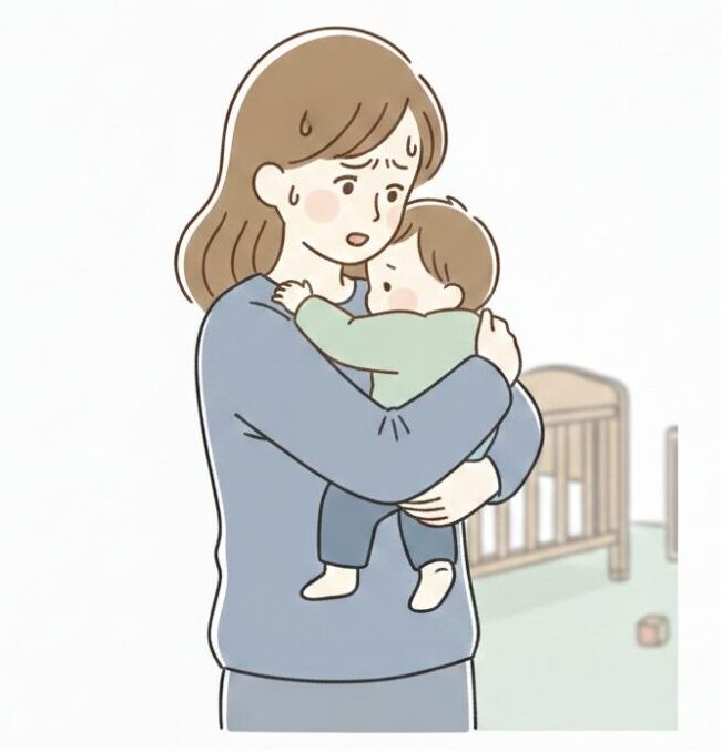 ０歳児、登園でのNG対応2つ目のイラスト。泣く赤ちゃんを必死にあやそうとする母親。