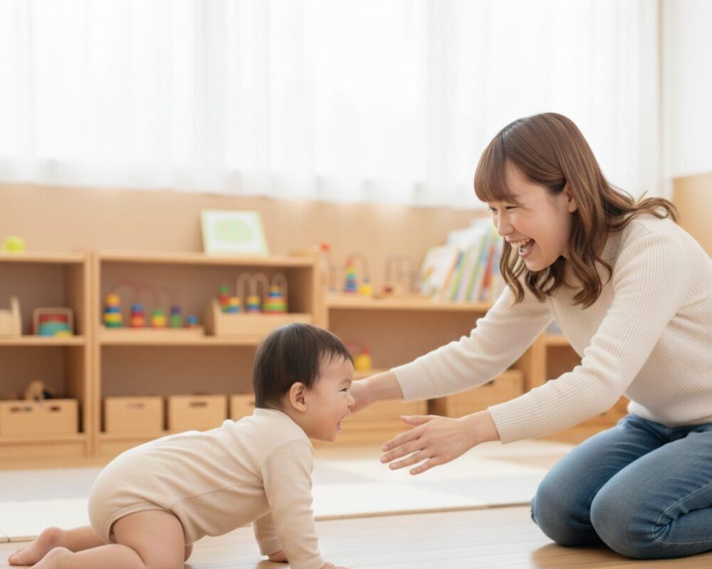 園に赤ちゃんを迎えに来た母親が笑顔でハイハイする赤ちゃんに両手を広げ、嬉しそうに迎え入れる姿。