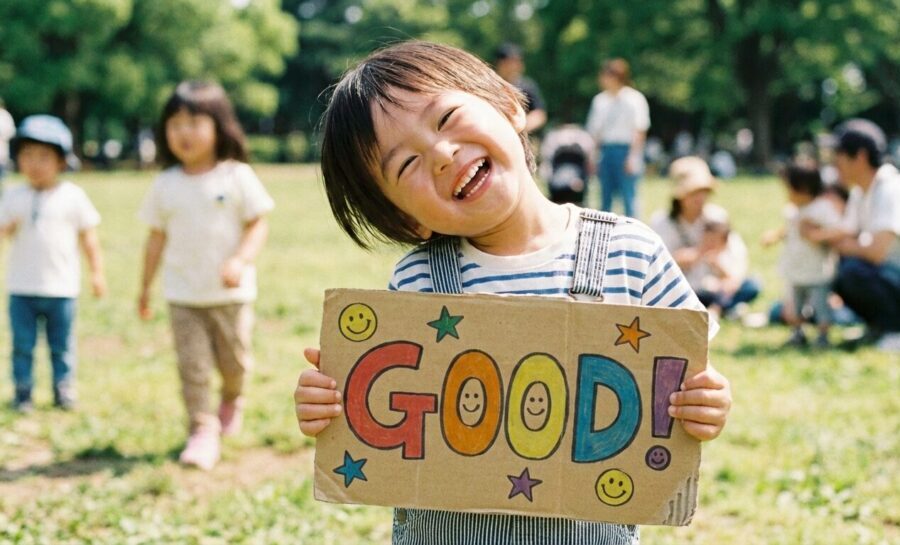 男の子が、「GOOD」の看板を持って、嬉しそうに公園で笑う姿