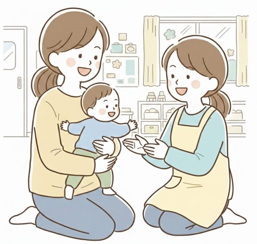 ０歳児が登園時に安心できる関わり方3つ目。母に抱っこされた赤ちゃんが笑顔で保育士の方に手を伸ばし、保育士もそれに応えて受け入れるように手を広げているイラスト。