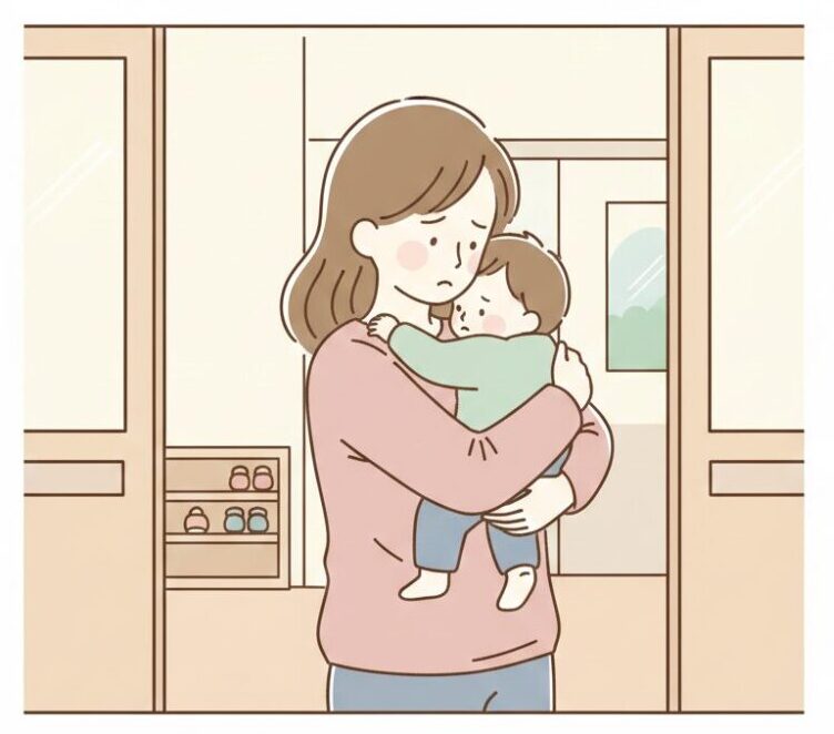 ０歳児、登園でのNG対応１つ目のイラスト。母親が不安そうにギュッと赤ちゃんを抱いて園のお部屋の前に立っている姿。