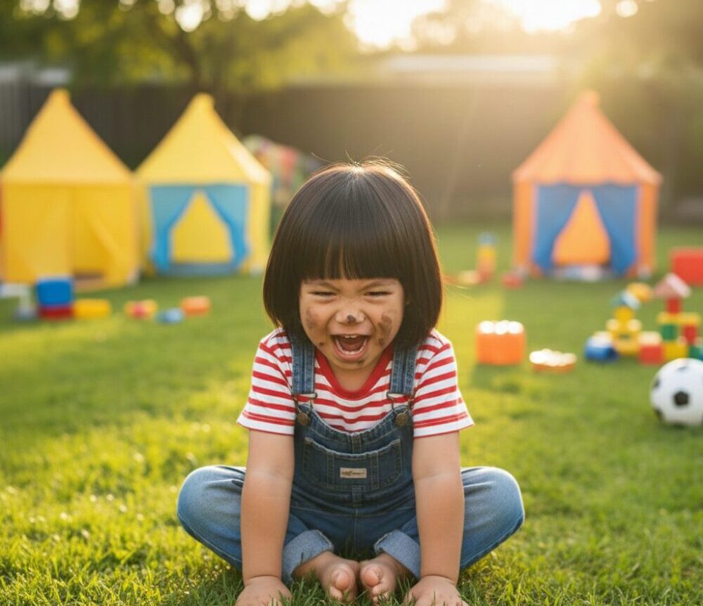 芝生の遊び場。２歳の子が、しゃがみ込み、怒った表情で何かを叫んでいる写真画像。