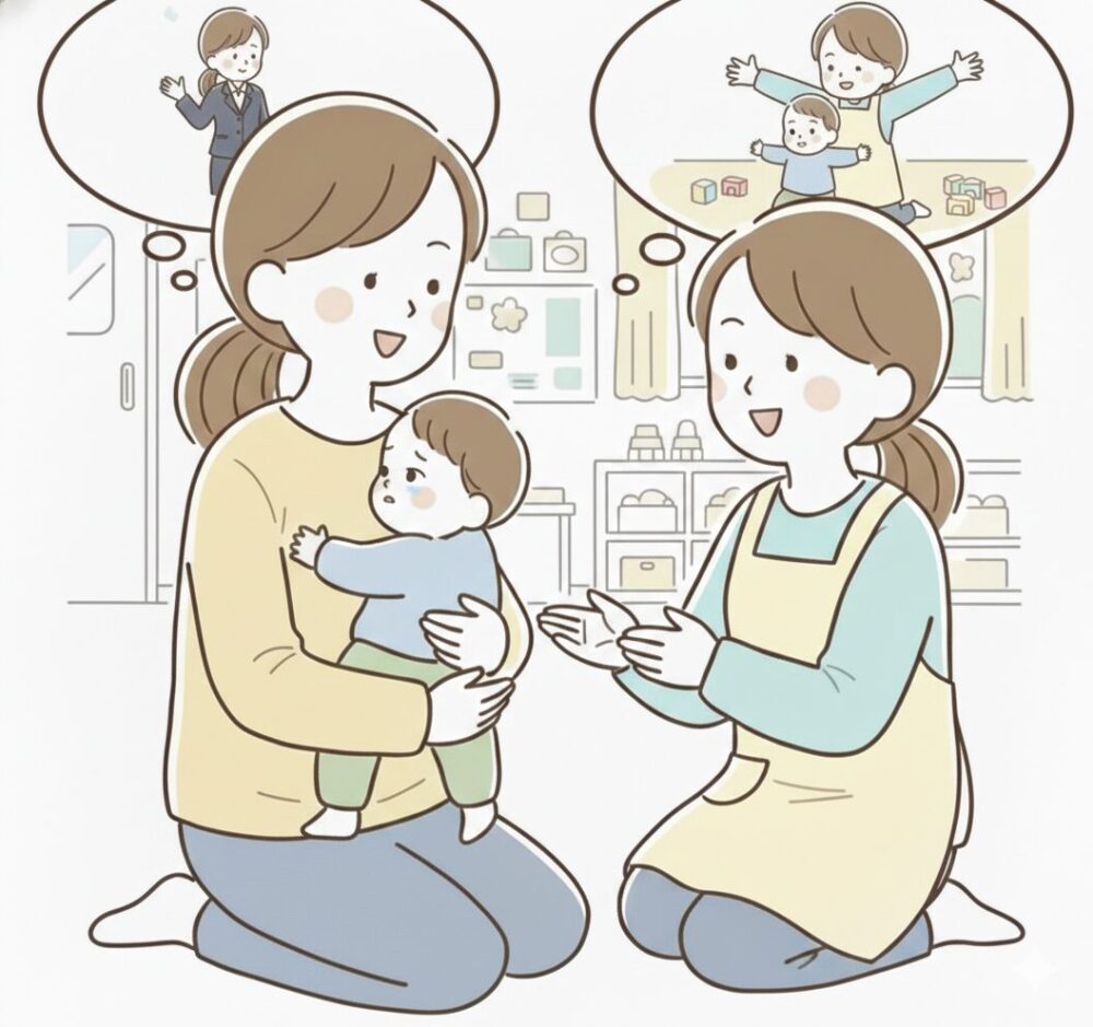 朝の保育園で、子どもを抱きしめながら、笑顔で話しかける母親。これから仕事に行くことや、先生と遊んでいて欲しいことを、ゆったり話している。その横で保育士が両手を広げ、子どもを受け入れようとしているイラスト。