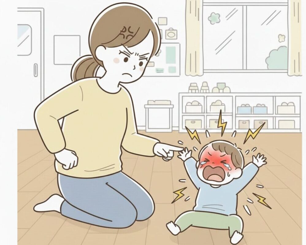 ダダこねしている1～2歳の子に、母親が指をさしながら怒って話を聴きだそうとしています。子どもは、余計強く泣けてしまっているイラスト。