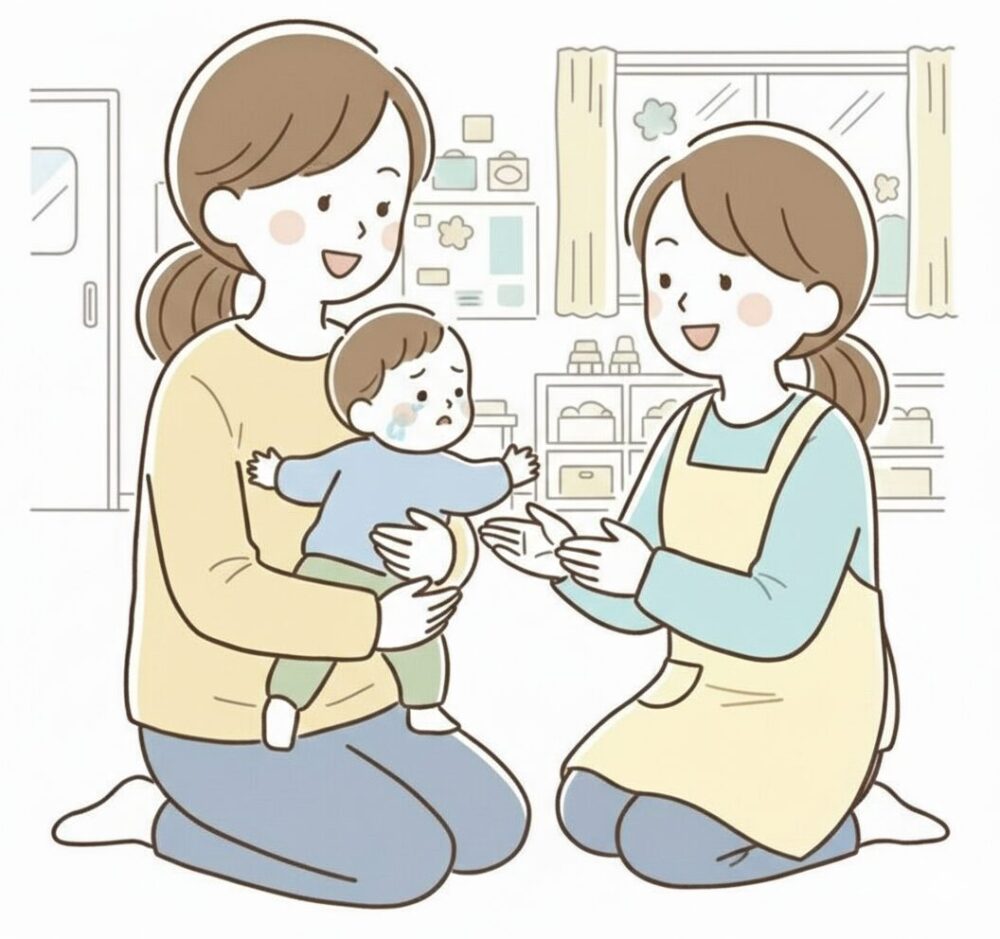朝の保育園。母親が抱っこしている子どもは母の話を聴いた後、涙ためながらも、母の抱っこから保育士の両手に向かって、自分から行こうとする姿のイラスト。