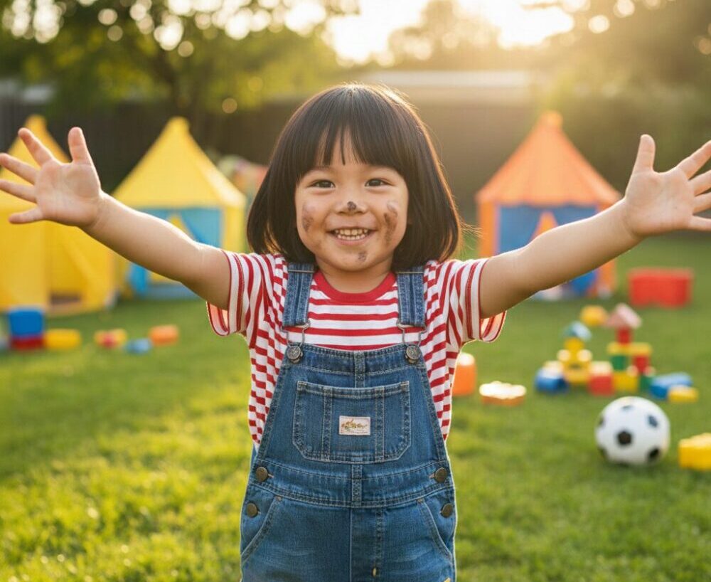 芝生の遊び場。２歳の子が、楽しさいっぱいの笑顔で両手を広げてコチラに向かってきている。子どもの顔には、泥んこが付き満足そうな写真画像。