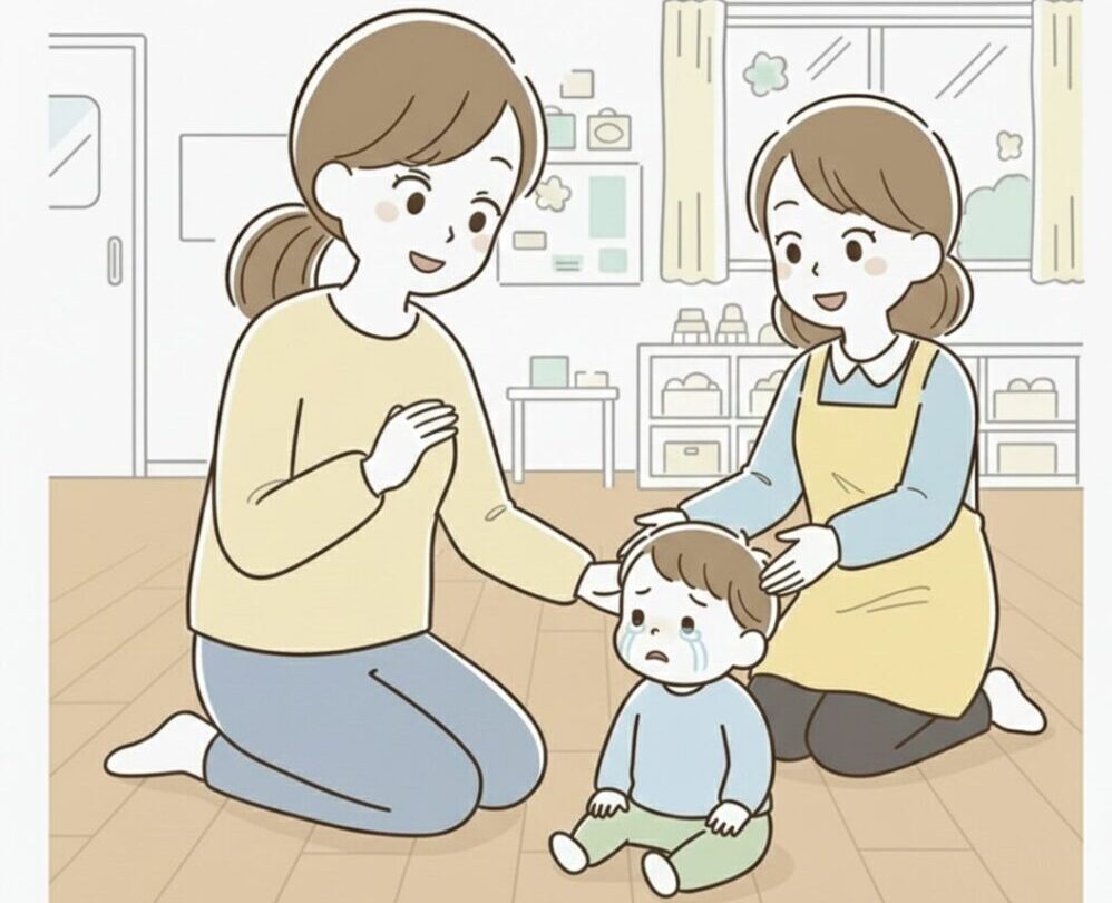 朝の保育園で泣く子に、ゆったりはなしかける母親。母親は子どもに、近くにいる先生を落ち着いて紹介しているイラスト。