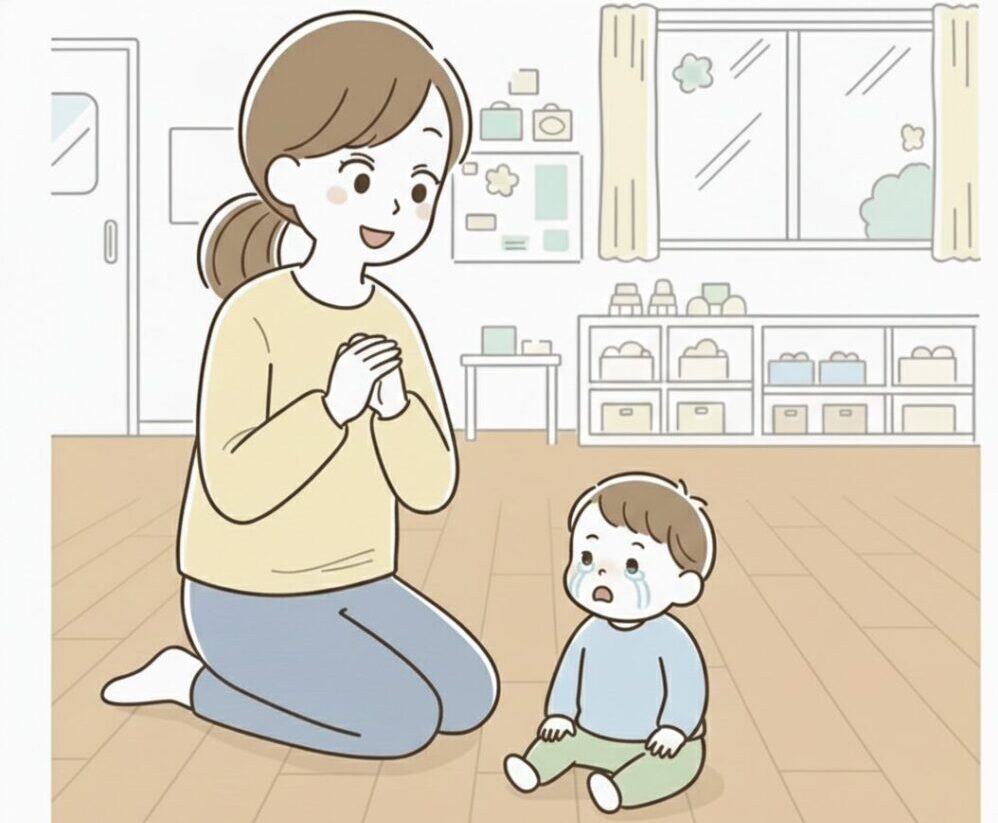 朝の保育園で泣いている子どもに、ゆったり笑顔で話しかける母親。子どもは泣きながらも、母親の話に我に返った表情で聞こうとしているイラスト。