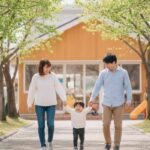 保育園に向かう、２歳の男の子と母親と父親。子どもが両手をひろげ、父と母を引っ張っている。歩く道の両サイドには新緑の木々が茂っている。