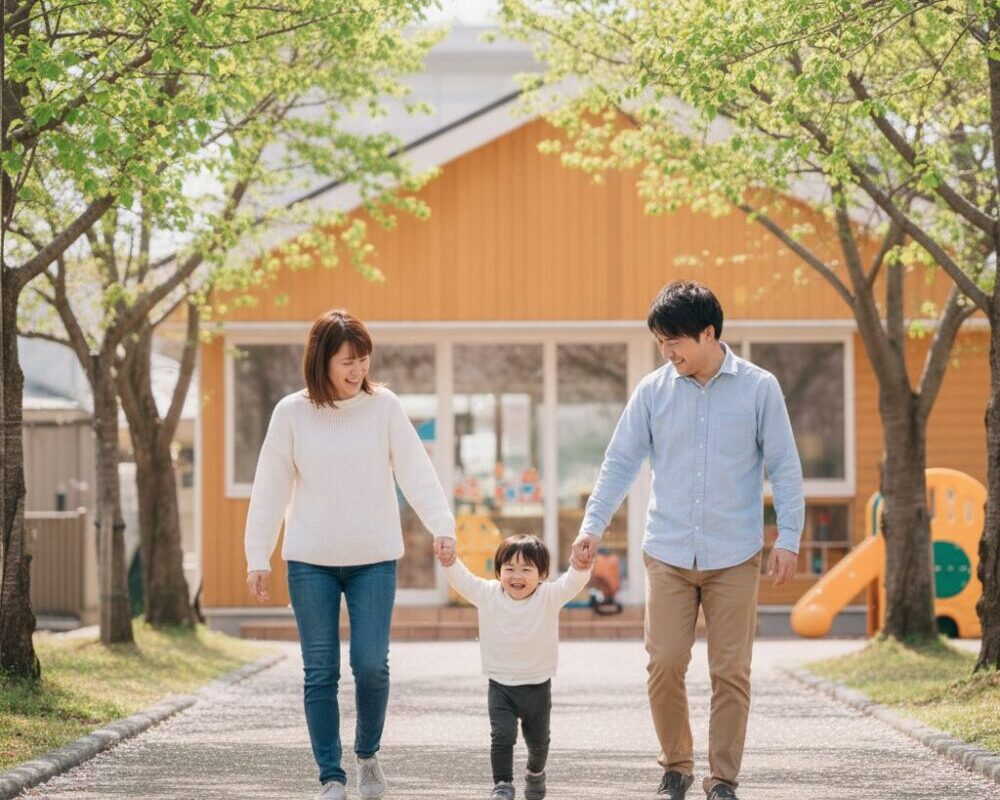 保育園に向かう、２歳の男の子と母親と父親。子どもが両手をひろげ、父と母を引っ張っている。歩く道の両サイドには新緑の木々が茂っている。