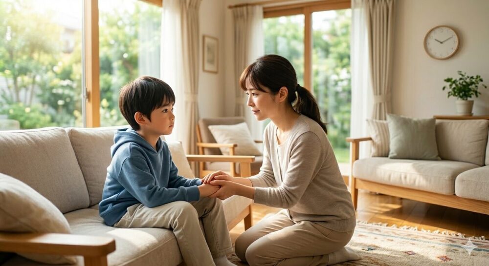 小学生の男の子が、感慨深げに悩む姿を心配そうに、その子の手をとって、話しかけようとする母親の写真