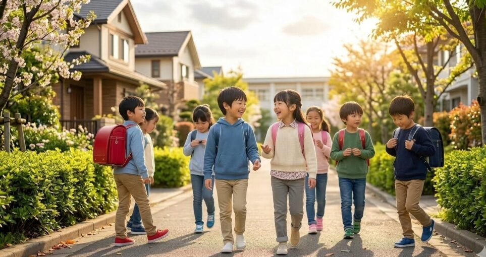 小学生が、みんなで仲良く帰る姿