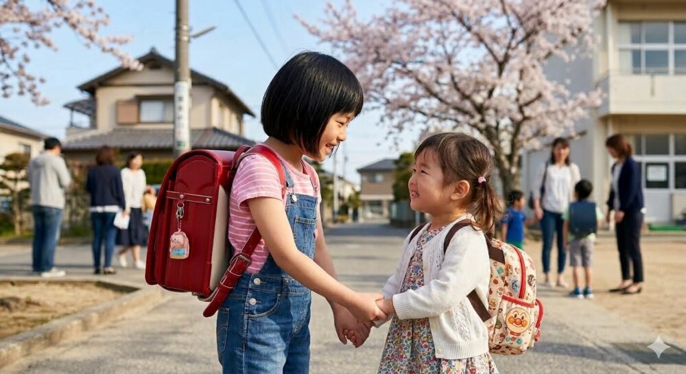 小学生の子どもが、幼児の頃の自分の両手を優しく握って、話しかけている写真。