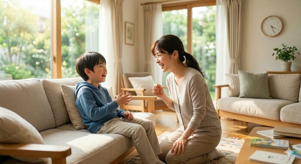 小学生の男の子と母親がリビングで向き合って笑顔で今日の出来事を話している写真