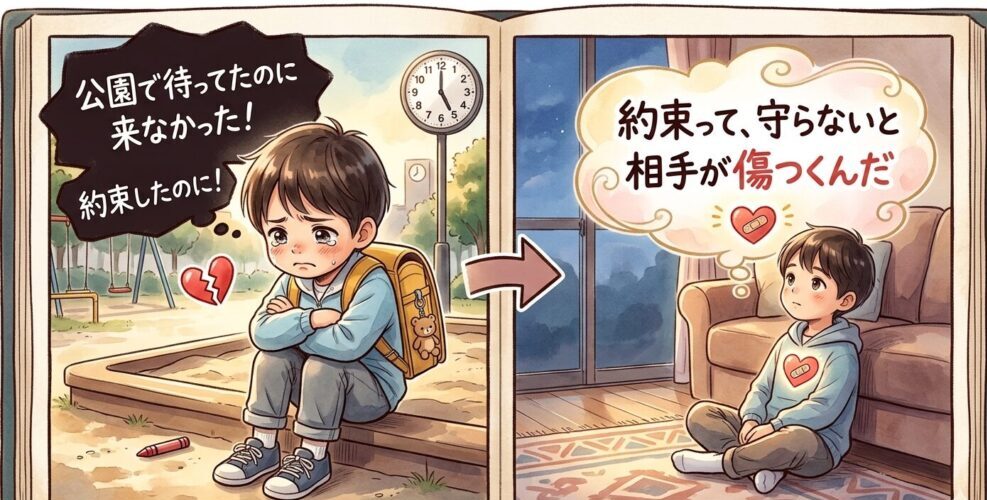 公園で待ち疲れて怒っている子どもが、家に帰った後に「約束って守らないと相手が傷つく」ことを考えているイラスト