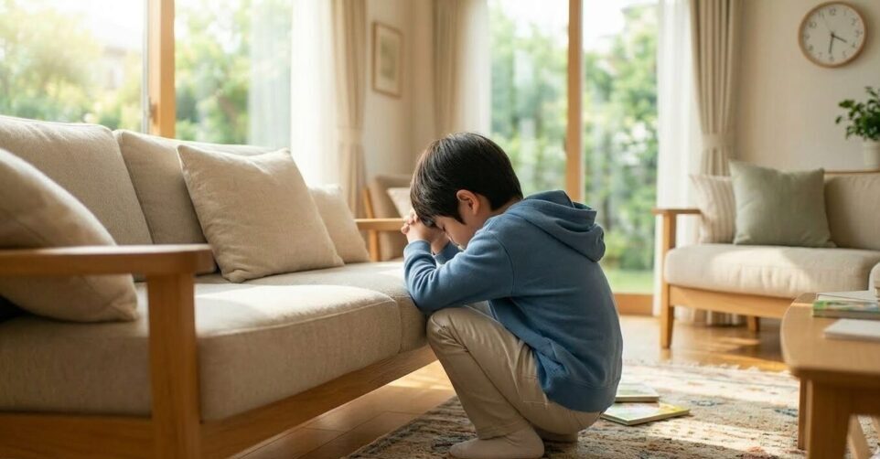 家に帰ってきた小学生が、ソファーの前にしゃがみこんで、悩んでいる後ろ姿