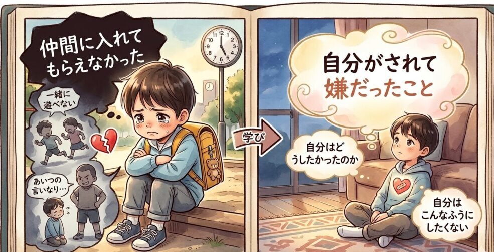 公園で仲間に入れてもらなかったり、言いなりにされて、悲しく泣いている男の子が、帰宅後自分がされて嫌だったことを思い出しているイラスト