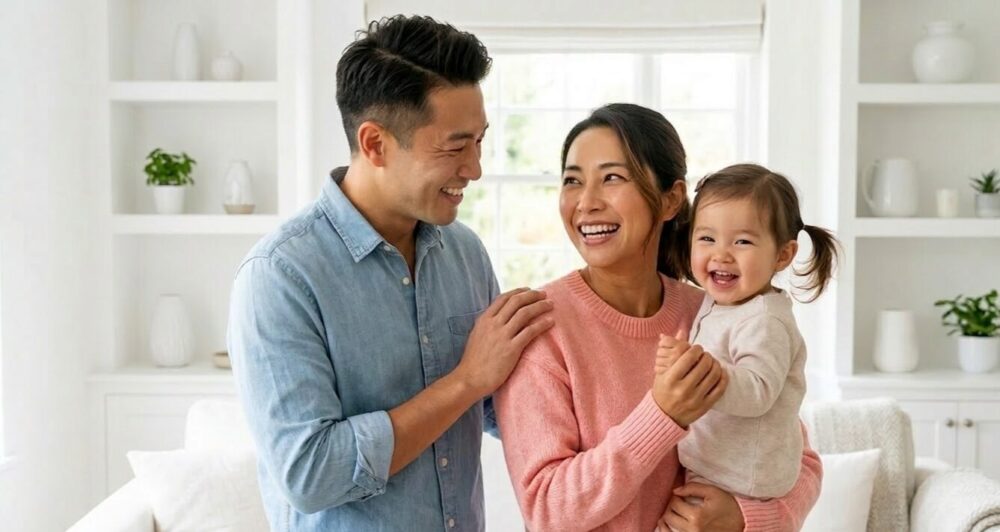 小さい女の子を抱きしめる母親。その母親の方をそっと支える父親。親子3人ともが笑顔いっぱいの写真画像