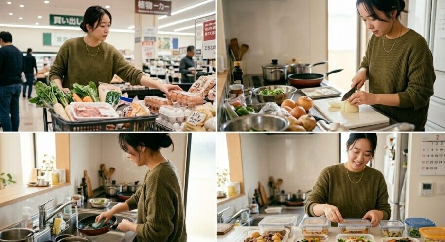 母親がスーパーで買い物し、台所で調理し、作り置きをつくり、洗い物をしている写真画像