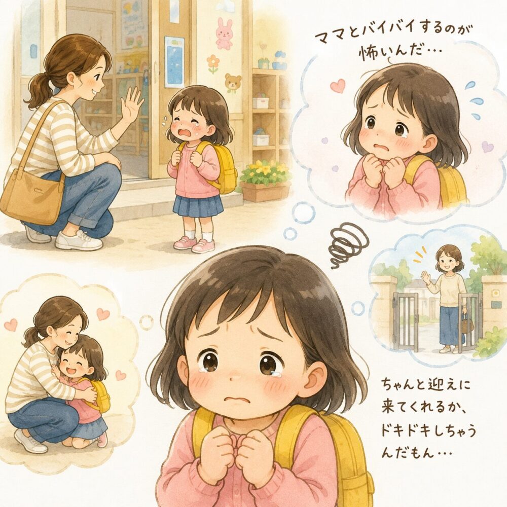 3歳の登園しぶりのパターン1。子どもがママとバイバイする時に、迎えに来てくれるか心配している。