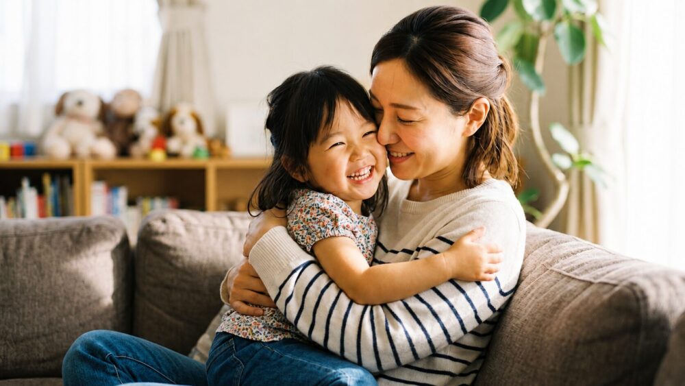 母親と女の子が家のリビングのソファーの上で、ギュッとほほをくっつけ合い、笑顔でリラックスしている光景。