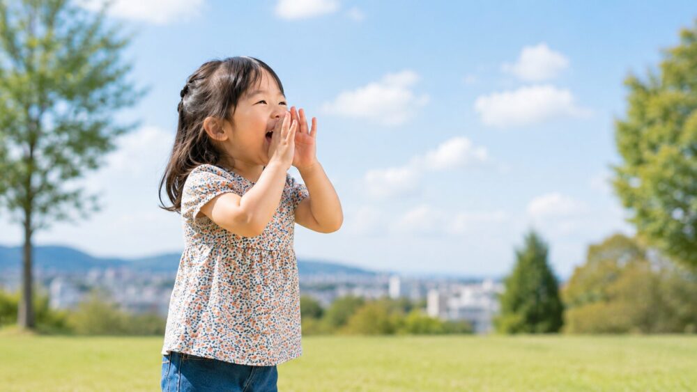 3歳の登園しぶりの女の子が、笑顔でバイバイと叫ぶ姿。