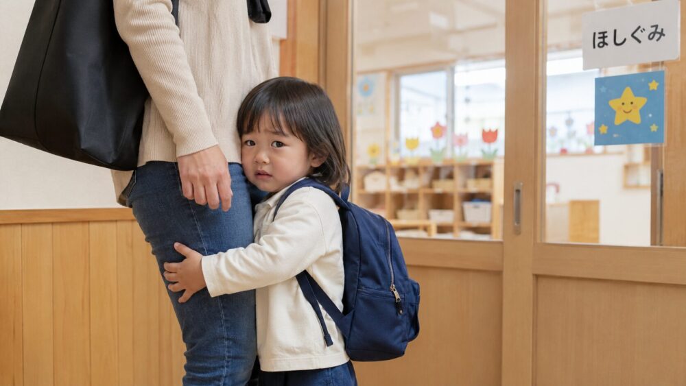 保育園・幼稚園の部屋の前で登園しぶりする女の子が母親にしがみついている。