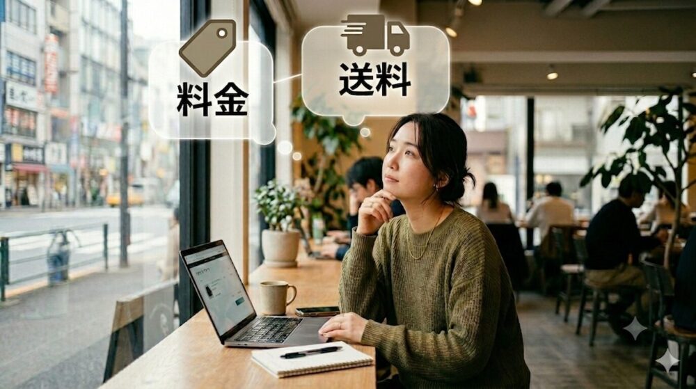 シェフの無添つくりおきの送料と料金について、女性がカフェで考えている姿