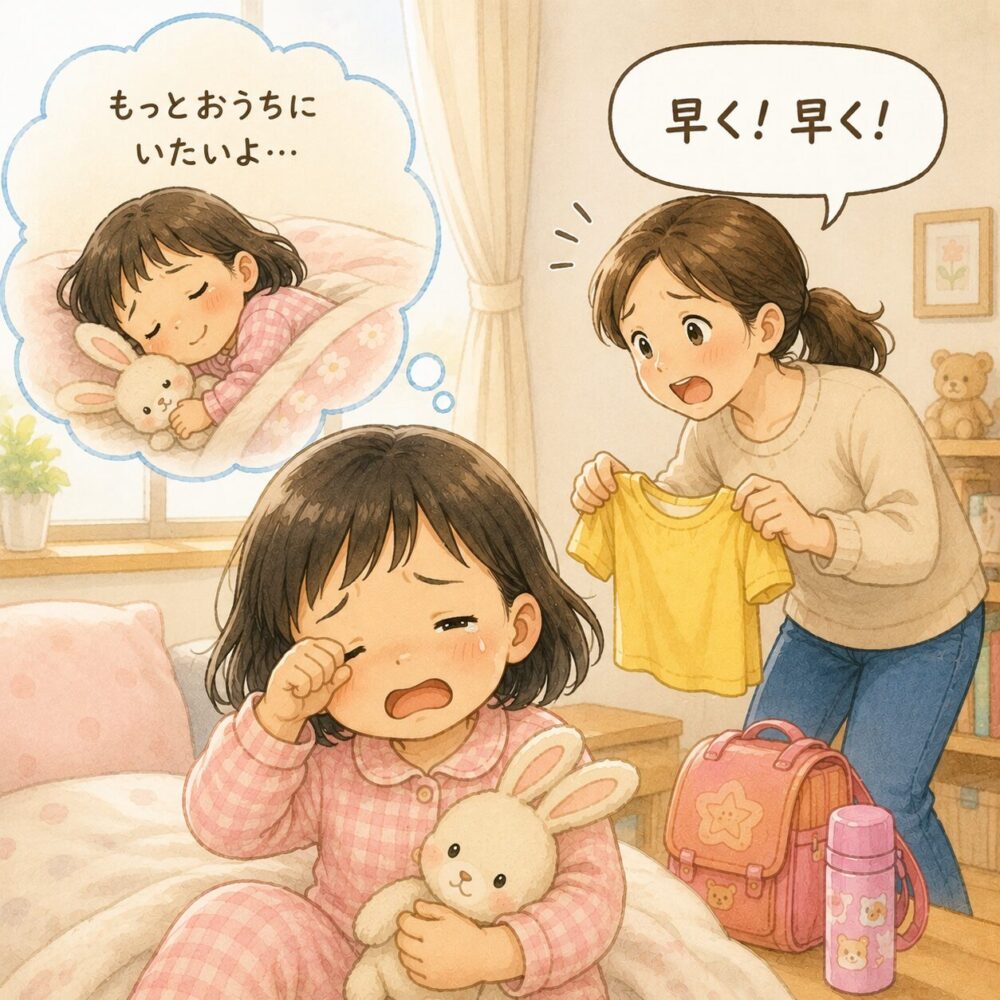 3歳の登園しぶりパターン3。朝急かすように早く早くという母親に、眠いし、もっとお家にいたいと思いながら起きる、寝起きの子どもの姿。