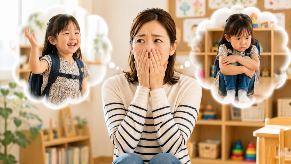 母親が口を両手でふさぎながら、わが子への対応に困っている。右には渋ってしゃがみこむわが子。左は笑顔でバイバイするわが子。