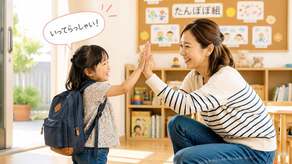 園の教室で登園時に、母親と女の子がハイタッチでバイバイしている。女の子は「いってらっしゃい！」と２人とも気持ちよい笑顔。