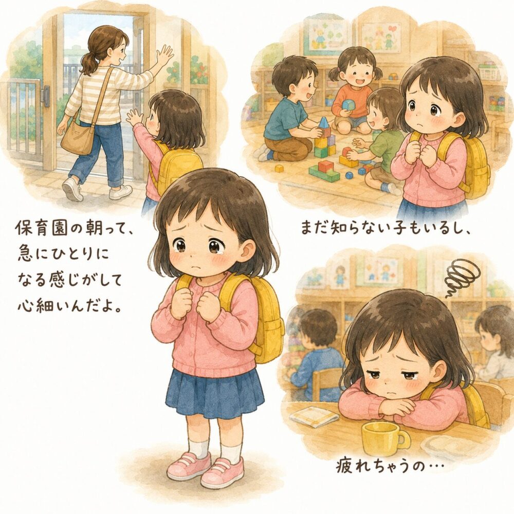 3歳の登園しぶりのパターン2。子どもが朝になると、急に一人になったり寂しくなったり、知らない子がいたり、そんな状況に疲れてしまう姿。