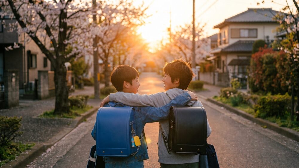 ２人の小学生が肩を組んで夕日に向かって帰るところ